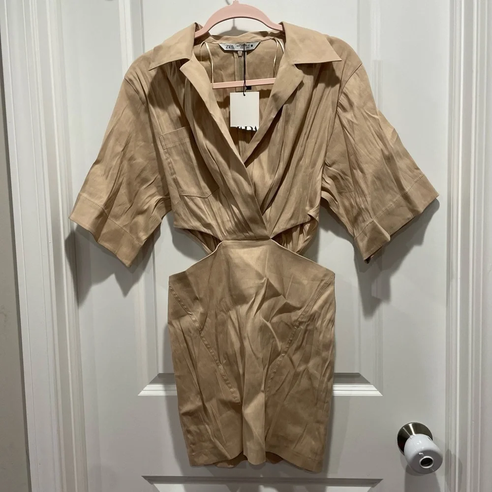 ZARA Blogger Favorite Linen Blend Sand Cut Out Mini Dress Size Small - Picture 11 of 14